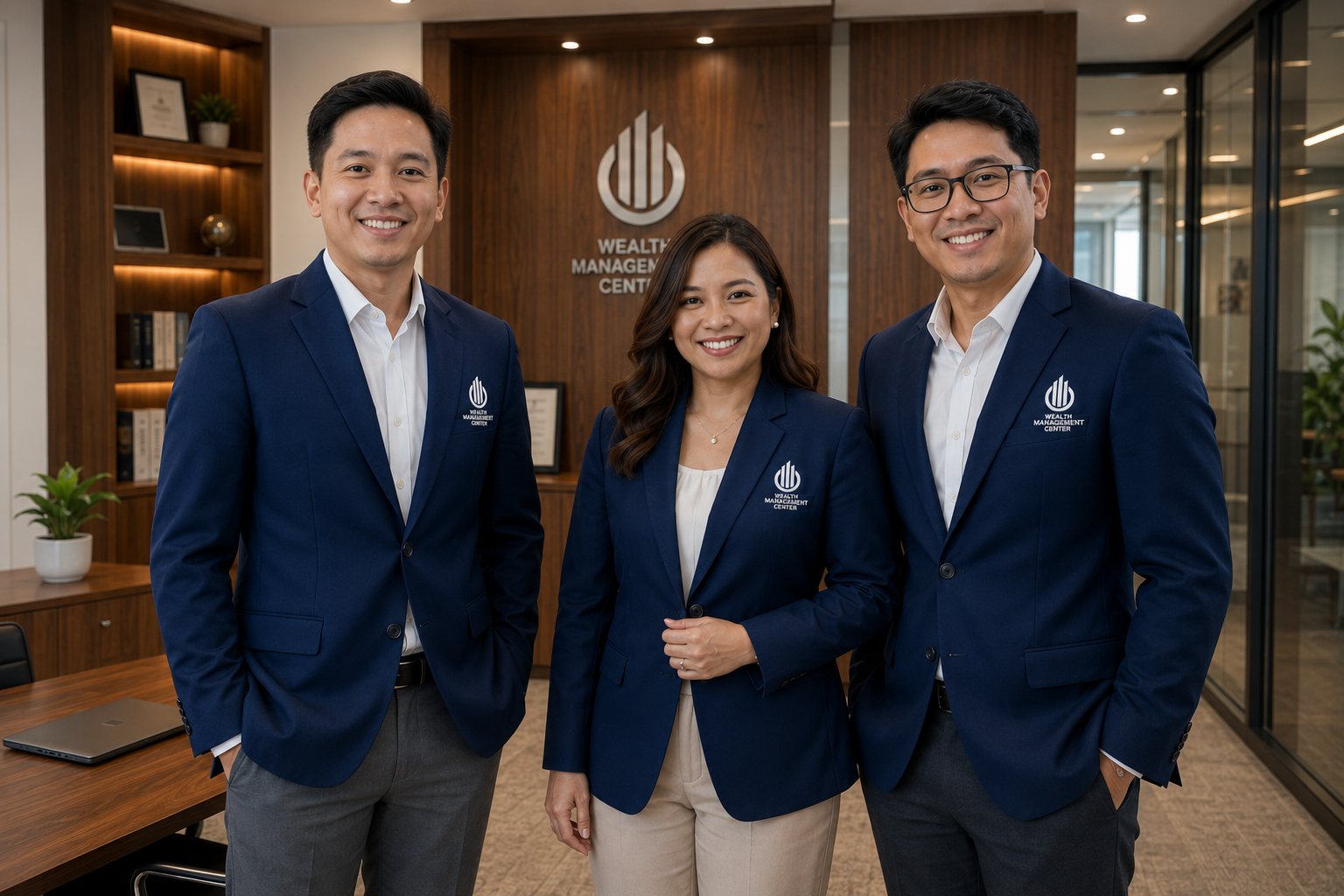 People wearing navy WMCAA business coats in an office setting.